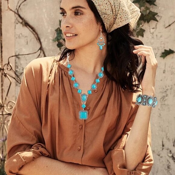 Bohemian Turquoise Necklace Set Alloy Jewelry with Pendant Earrings Bracelets - Picture 3 of 7